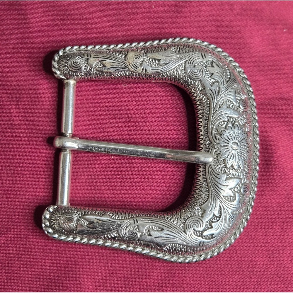 Vintage ROC Western Floral Engraved Belt Buckle Silver Tone Rope Edge 2.5"